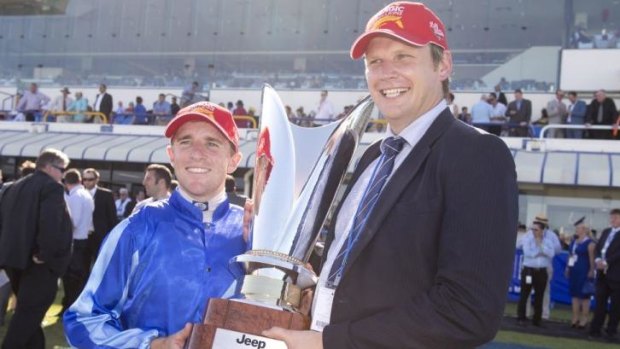 Friends: Jockey Nathan Berry and trainer Bjorn Baker after winning at the Magic Millions.