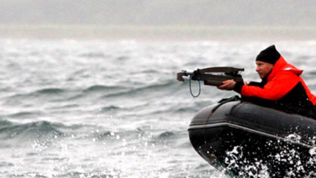 Action man ... Vladimir Putin takes aim at a whale.
