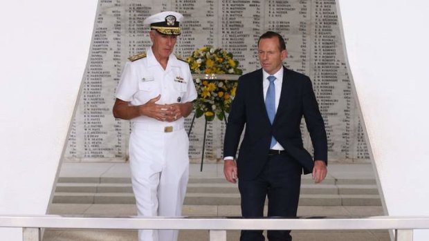 US Admiral Sam Locklear with Tony Abbott at the USS Arizona Memorial in Pearl Harbour in Hawaii on Saturday.