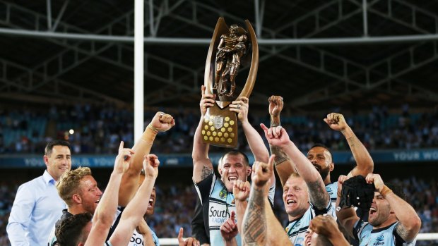 Highlight: Paul Gallen gets his hands on the NRL premiership trophy, the first Cronulla captain to do so, in 2016.