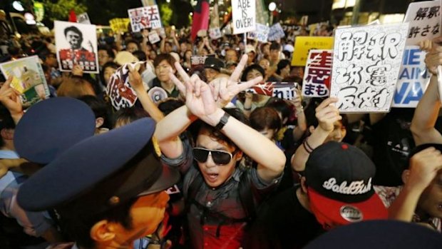 Protesters outside Prime Minister Shinzo Abe's official residence in Tokyo.