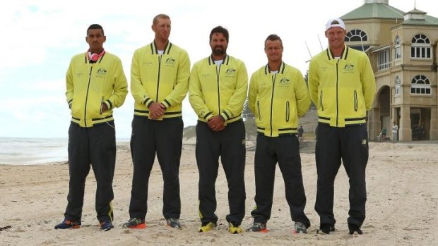 Team Australia: Nick Kyrgios, Chris Guccione, Pat Rafter, Lleyton Hewitt and Sam Groth of Australia pose for a team photo following the draw for the Davis Cup world group play-off between Australia and Uzbekistan. 
