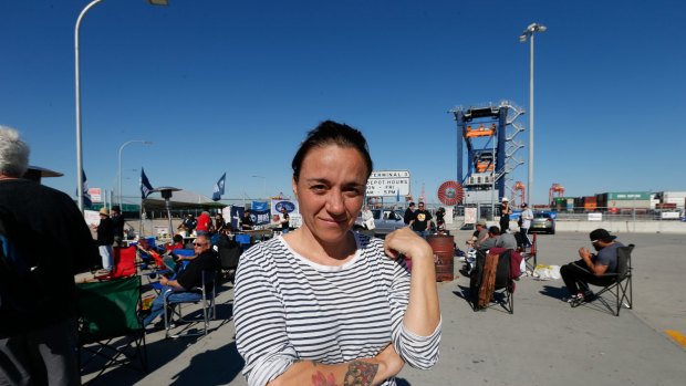 Leyre Diaz at the picket line at Port Botany on Monday. 
