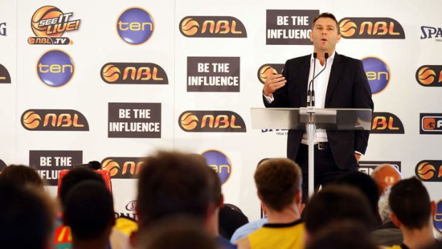 In control:  NBL CEO Stephen Dunn speaks during the 2013/14 NBL Media Season Launch at The Entertainment Quarter in Sydney.