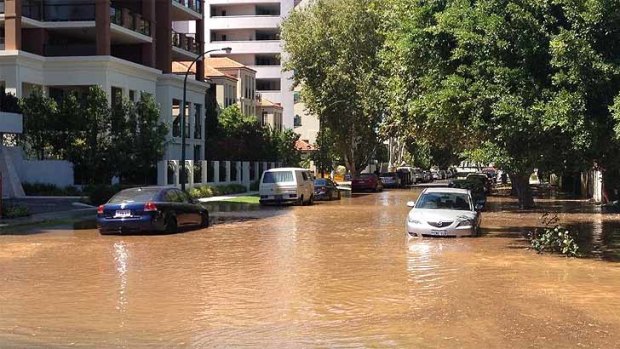 A river runs through it - South Perth awash this morning. <b>Photo:</b> Channel Seven News Perth Facebook page.