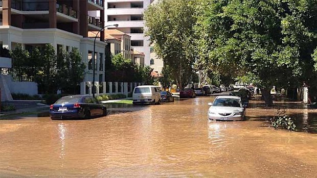 A river runs through it - South Perth awash this morning. <b>Photo:</b> Channel Seven News Perth Facebook page.