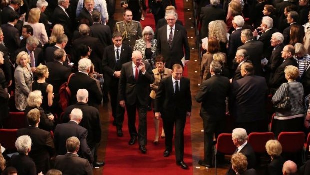 Tony Abbott leaves the state memorial service for former prime minister Gough Whitlam.