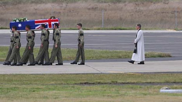 The ramp ceremony at Melbourne Airport for Lieutenant Marcus Case and Lance-Corporal Andrew Jones.