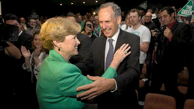 Greens leader Senator Christine Milne greets former leader Bob Brown at the launch of the Greens federal election campaign in Canberra.