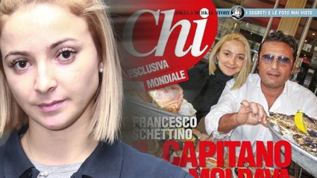 Domnica Cemortan and the magazine cover from Chi, showing her at a meal of oysters and crab with Captain Francesco Schettino.