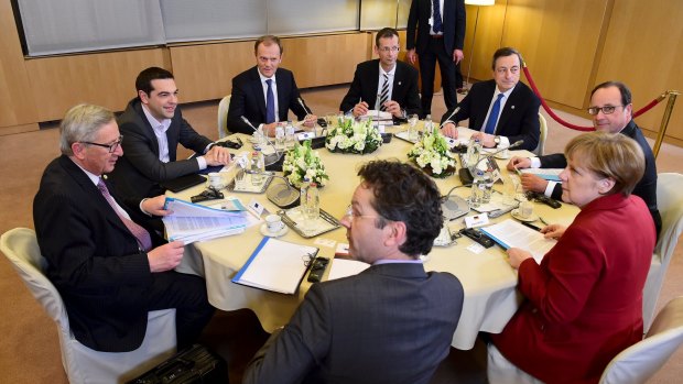 European Union leaders at a summit in Brussels on Thursday, with the still-tieless Greek Prime Minister Alexis Tsipras sitting across from German Chancellor Angela Merkel.