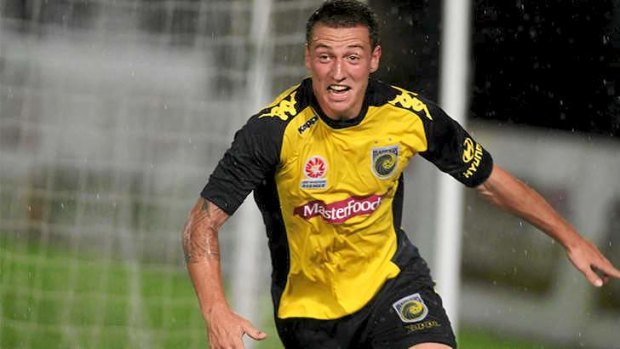 Mitchell Duke of the Mariners celebrates a goal during the Central Coasts' 6-2 thrashing of the Melbourne Victory.