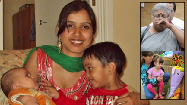 Mystery ... the dead boy, Gurshan Singh Channa, right, with his mother, Harpreet Kaur Channa; an Indian diplomat and a community leaders at the home; and Maxine Stivala and her daughter, Izabella, 3, lay flowers.
