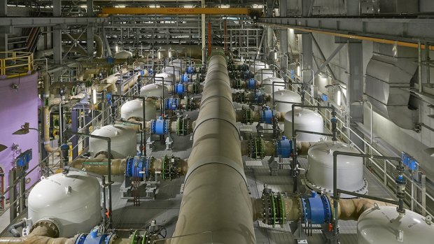 Cartridge filters remove minute particles from the seawater before it goes through the reverse osmosis process at the Victorian Desalination Plant, Wonthaggi. 