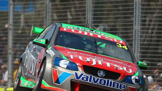 Michael Caruso drives the Fujitsu Racing GRM Holden during practice for the Gold Coast 600 yesterday.