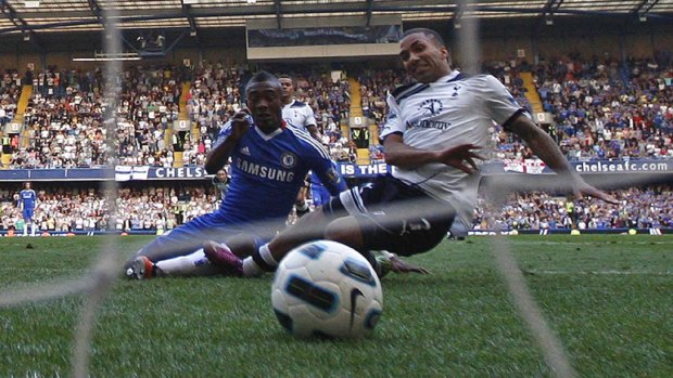 It's all over ... Salomon Kalou, left, battles with Tottenham's Aaron Lennon to score the winning goal for Chelsea.