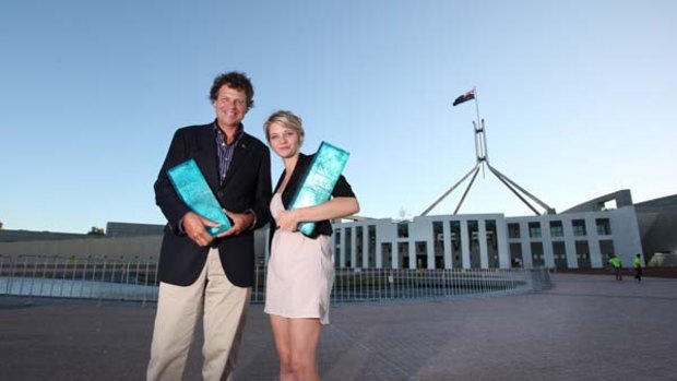 "We can each think of a way in which we can make a contribution"... Simon McKeon with Jessica Watson at the Australian of the Year awards in Canberra last night.