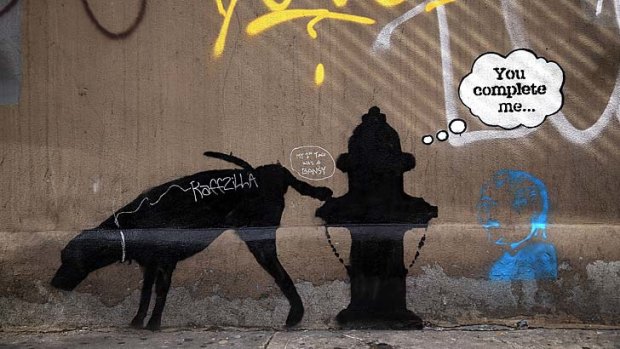 One of three new Bansky works to appear in New York City. The works have appeared in recent days with two of them quickly being vandalized by other graffiti.