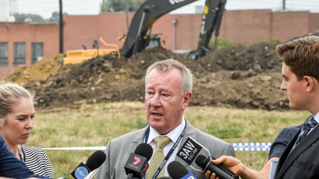 Detective Inspector Andrew Gustke speaks with the media after human remains were found in Thomastown as part of the investigation into the
disappearance of Terrence Blewitt.