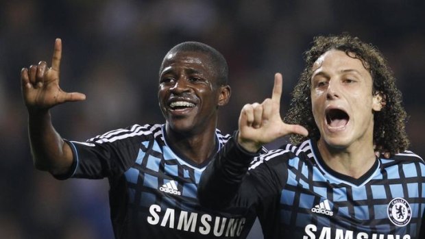 Ramires and David Luiz of Chelsea celebrate the opening goal.