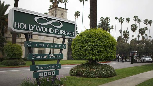 The front gate to the Hollywood Forever cemetery, where a memorial service for fashion designer L'Wren Scott, was held.