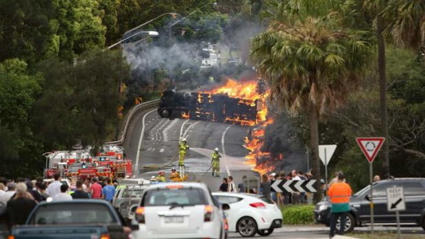 The scene of the fuel tanker crash in Sydney in which two people died.