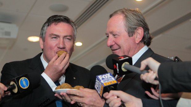 GWS coach Kevin Sheedy gives Eddie McGuire a mouthful – of felafel.