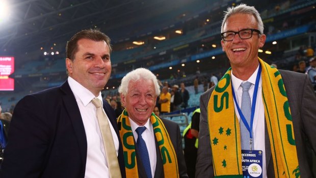 Australian coach Ange Postecoglou, Football Federation Australia chairman Frank Lowy and FFA chief executive David Gallop have a chat after the match.
