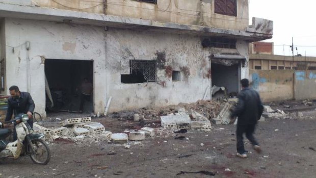 A bakery damaged by what activists said were missiles fired by a Syrian Air Force fighter jet at Halfaya, near Hama.