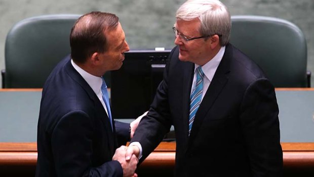 Let the battle begin: Prime Minister Kevin Rudd is congratulated by Opposition Leader Tony Abbott in Parliament on Thursday.