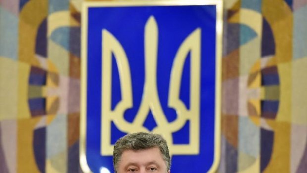 Ukrainian President Petro Poroshenko speaks to the press following talks with the European Commission president in Kiev.