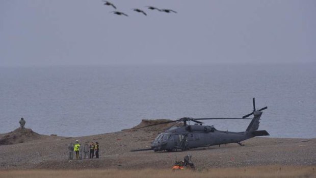 The crashed Pave Hawk helicopter on the coast near the village of Cley in Norfolk.