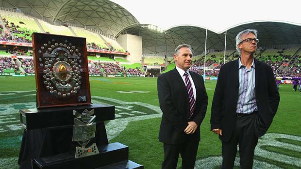 Melbourne  Storm chief executive Ron Gauci and NRL chief David Gallop await the presentation of the JJ Giltinan Shield.