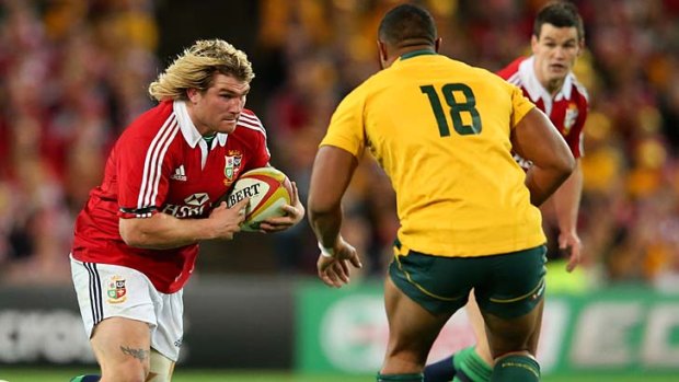 Richard Hibbard on the charge during the Lions' series deciding victory against the Wallabies in Sydney.