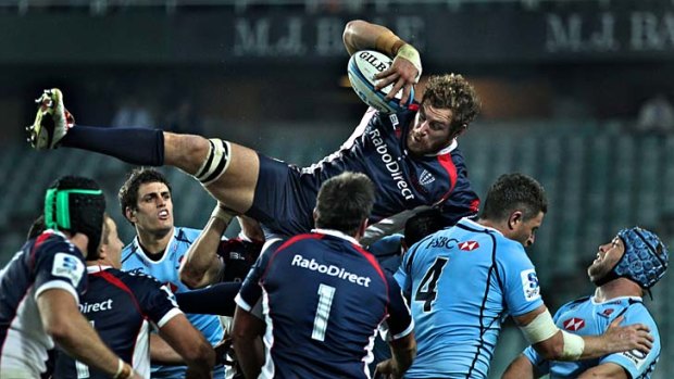 Scott Higginbotham grabs the ball during a lineout against the NSW Waratahs.