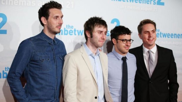 The cast of <i>The Inbetweeners 2</i> at the Sydney premiere. From left: Blake Harrison, James Buckley, Simon Bird and Joe Thomas.