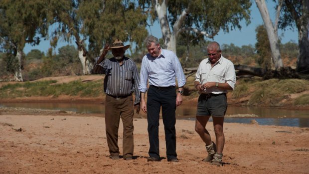 Nothing captured: Pictured in 2011 at Henbury are traditional owner Bruce Breaden (left), the then environment minister Tony Burke and David Pearse, managing director of RM Williams.