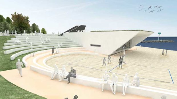 The amphitheatre, from the plaza to the beach, is an event space that is sheltered from the south-westerly winds.