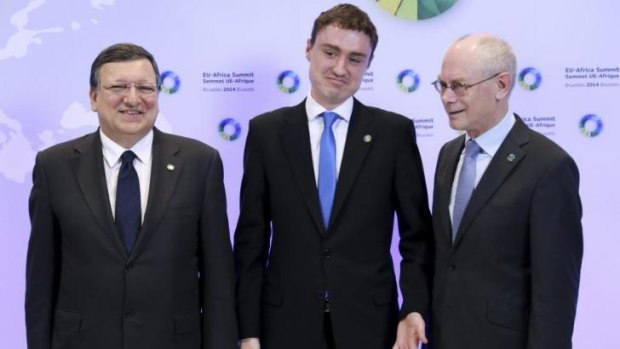 Nervous times: Estonian Prime Minister Taavi Roivas (centre), who came to office in March at the age of 34, with European Commission president Jose Manuel Barroso (left) and European Council president Herman van Rompuy (right) earlier this month.