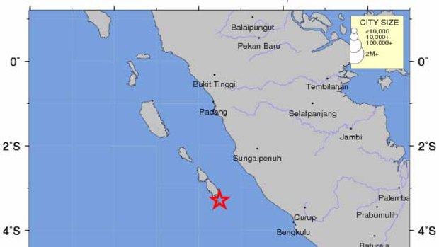The earthquake in the Mentawai Islands region off Sumatra, Indonesia.