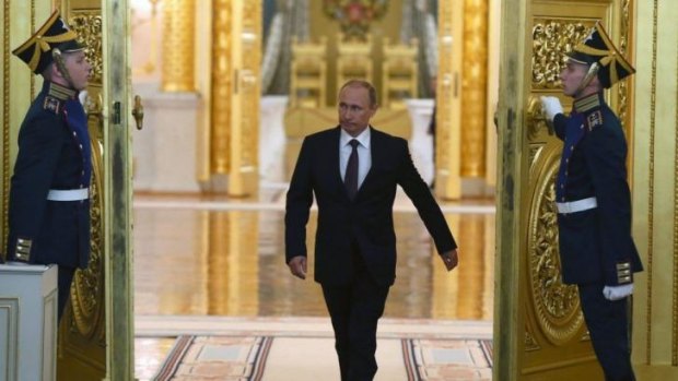 Coming man: Vladimir Putin arrives to address Russia's parliament on Moscow's decision to annex the Crimea.