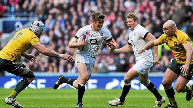 Controversial call: Owen Farrell runs through a gap after Stephen Moore (R) had been partially obstructed by Dylan Hartley.