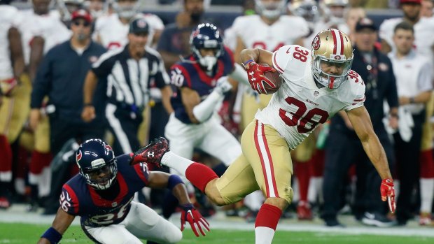 Flying high: Jarryd Hayne continued his stellar run of form from last week's trial against the Texans for the 49ers again Dallas on Monday.