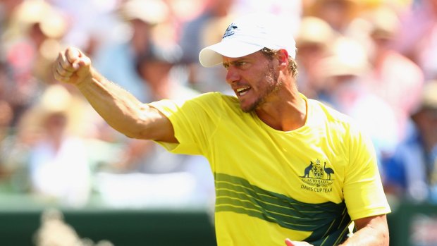 Lleyton Hewitt on the opening day of the Australia-US Davis Cup clash.