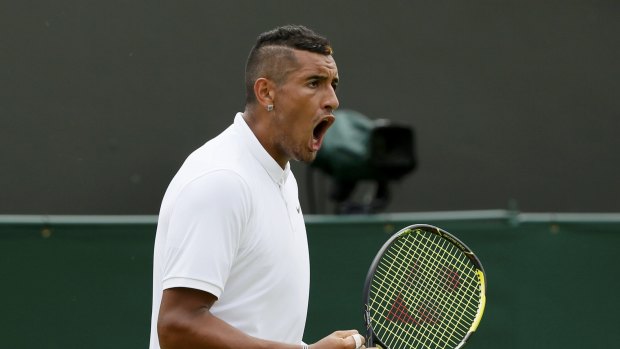 Nick Kyrgios shows his feelings during his match against Diego Schwartzman of Argentina
 at  Wimbledon on Monday.
