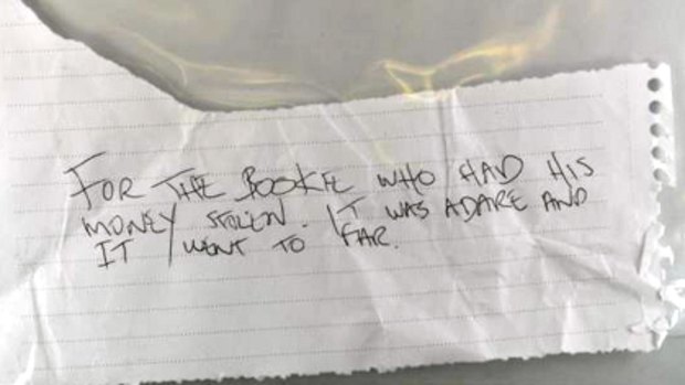 The note found with a bookie's stolen cash at Flemington police station.