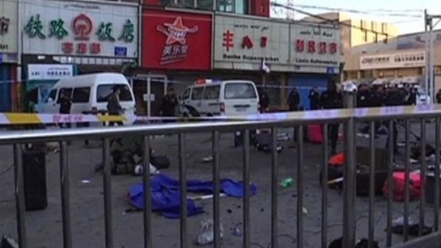 The site of the bomb blast at the South Railway Station, Urumqi, where three people were killed.