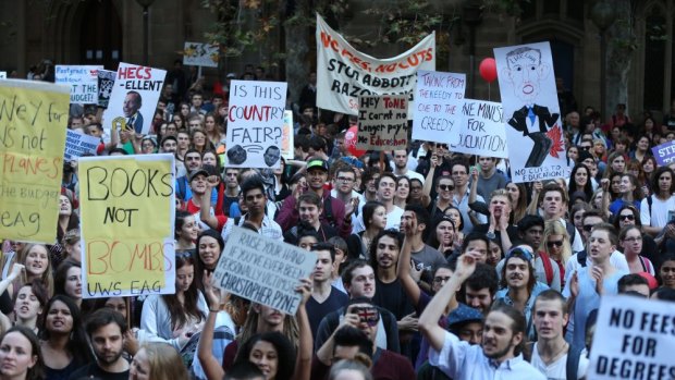 A return to the barricades? Students from the University of Sydney Uni and the University of Technology Sydney protest proposed funding cuts in 2014.