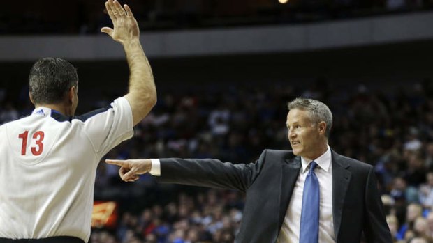 Philadelphia 76ers coach Brett Brown points from the sideline during the clash with the Dallas Mavericks.
