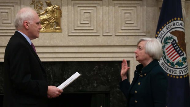 Janet Yellen is sworn in by Federal Reserve Board Governor Daniel Tarullo.